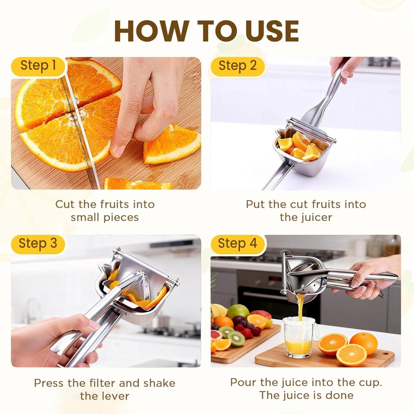 Fruit Juice Squeezer Manual Juicer – 304 Stainless Steel Hand Juicer Juice Press with Metal Filter filter bag, Easy to Use & Clean, Non-Slip Ergonomic Grip, for Lemon, Orange & Citrus
