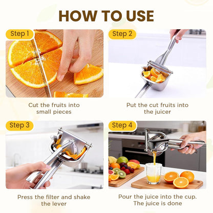 Fruit Juice Squeezer Manual Juicer – 304 Stainless Steel Hand Juicer Juice Press with Metal Filter filter bag, Easy to Use & Clean, Non-Slip Ergonomic Grip, for Lemon, Orange & Citrus