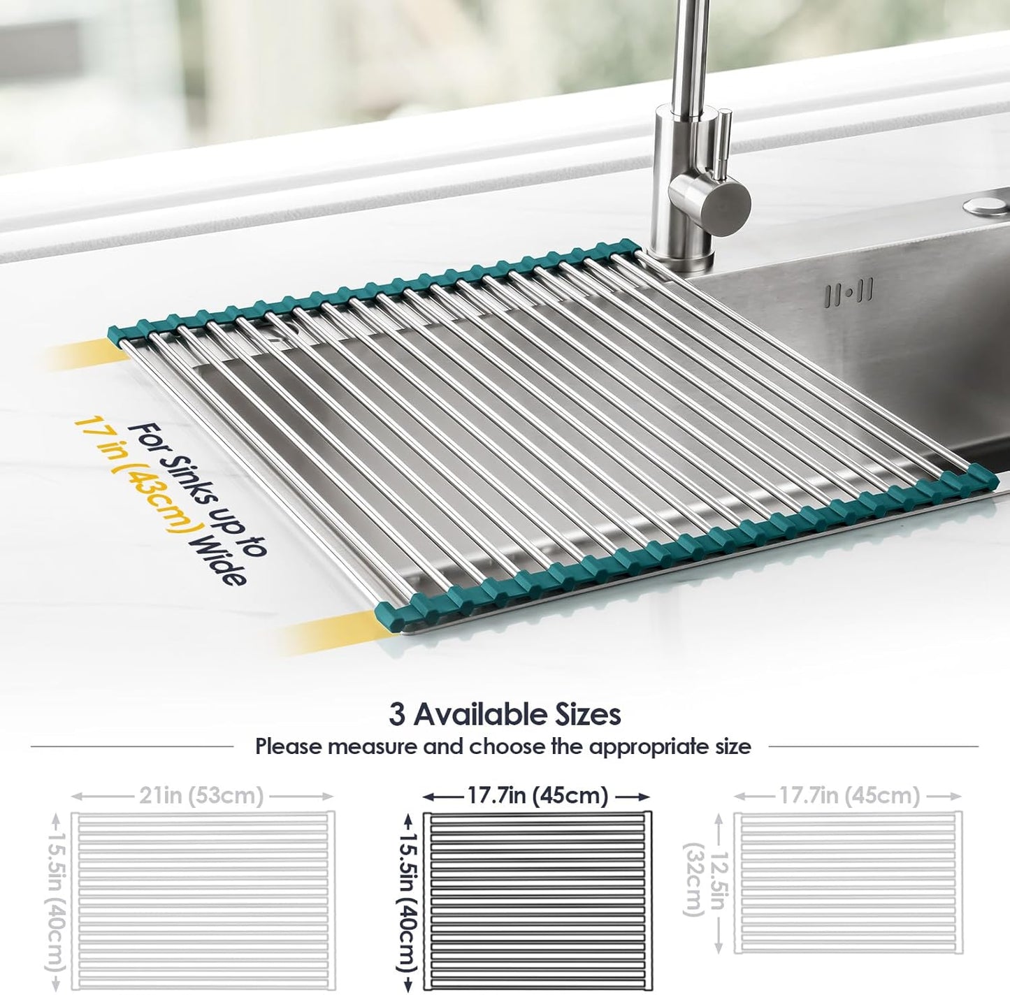 Tomorotec 17.7" x 15.5" Roll Up Dish Drying Rack Over Sink Drying Rack Sink Cover Kitchen Sink Accessories Gadget Multipurpose Organizer Foldable Stainless Steel Drainer