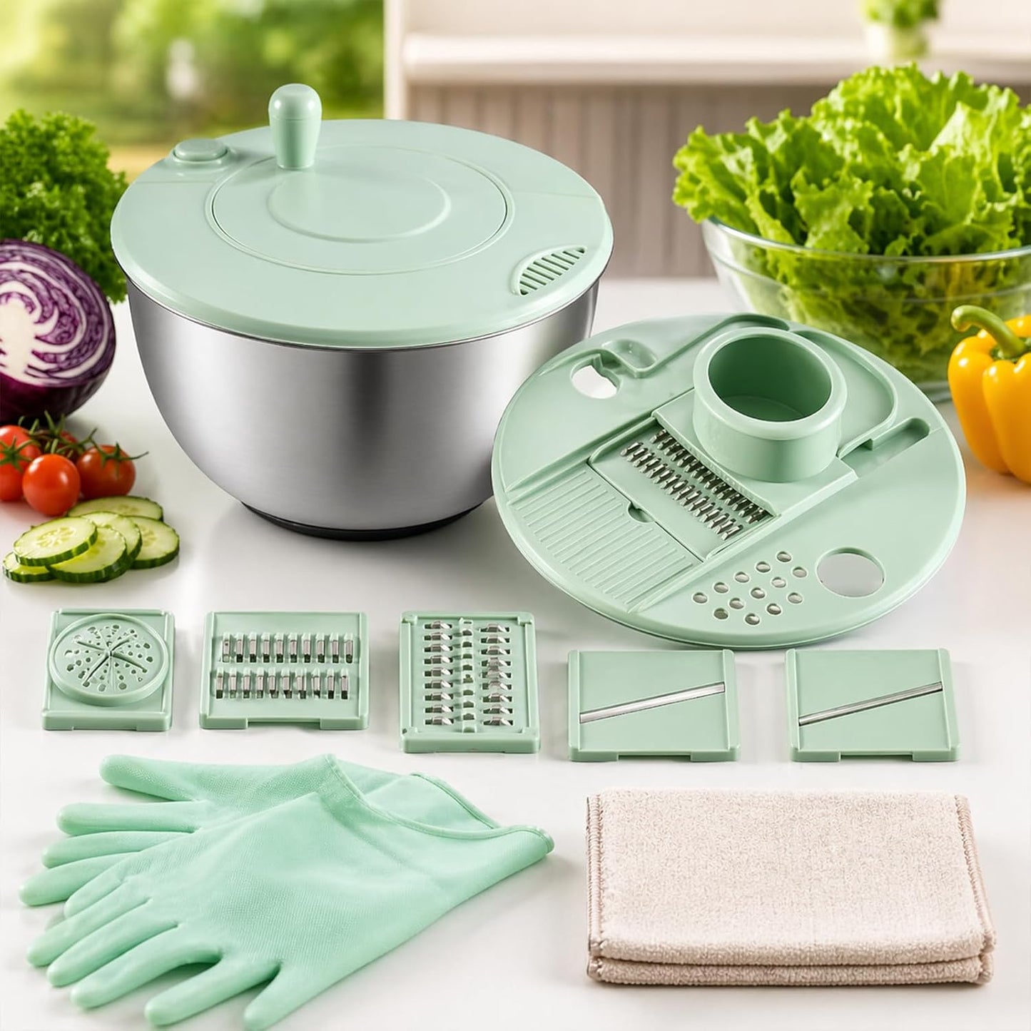Large Capacity Multi-function Salad Spinner, 6-in-1 Salad Spinner & Vegetable Chopper, Vegetables Fruits Washing Bowl, With 5 Blade Slicer Egg Yolk Strainer Shredder (Transparent Version A)