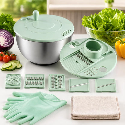 Large Capacity Multi-function Salad Spinner, 6-in-1 Salad Spinner & Vegetable Chopper, Vegetables Fruits Washing Bowl, With 5 Blade Slicer Egg Yolk Strainer Shredder (Transparent Version A)