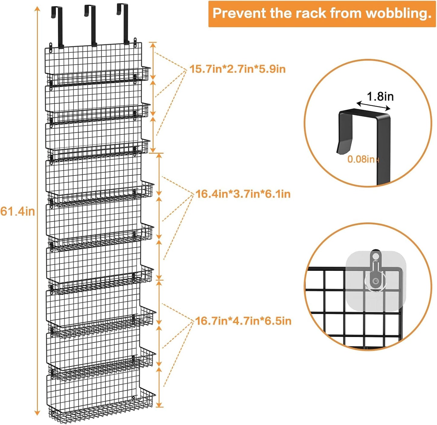 JKsmart 6-Tier Spice Rack Organizer with Door Hook, Wall Mounted & Over the Door Spice Racks for Kitchen Pantry Door Cabinet, Two Size, Large Capacity, Black