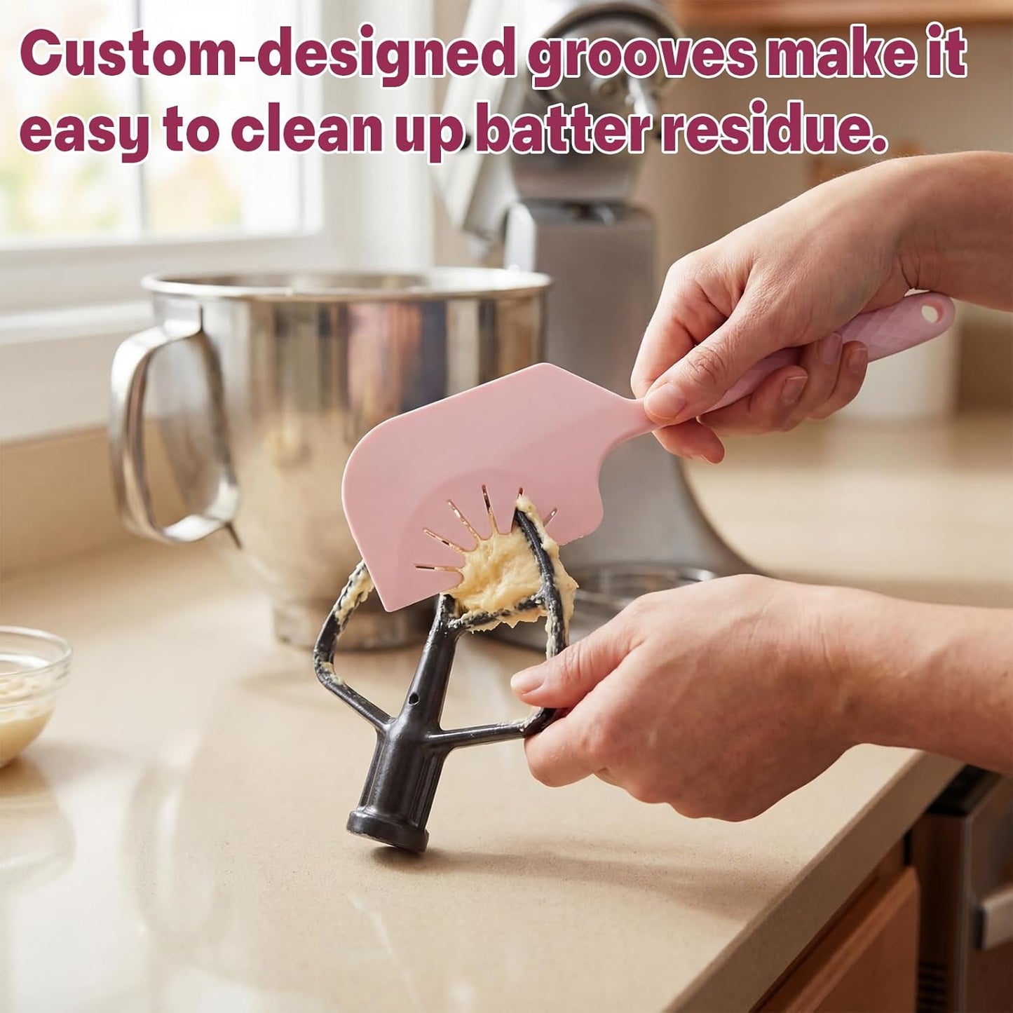 Didaey 2 Pack Silicone Kitchen Utensils - 12'' Silicone Spatula Scraper & Whisk, Compatible with Flat Beaters, Hand Mixer Beaters, Whisks, Dough Hooks for Baking, Mixing, Scraping(Pink)