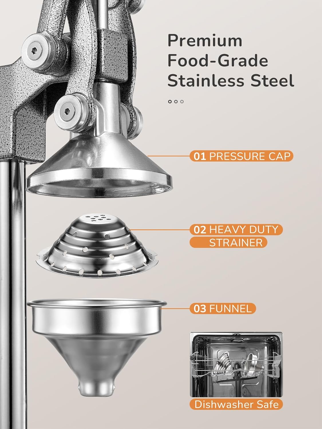 QCen Professional Cast Iron Manual Juicer, Heavy Duty Citrus Press with Stainless Steel Strainer, Easy-to-Clean Hand Squeezer for Orange, Lemon, Lime and Grapefruit - Black (Black)