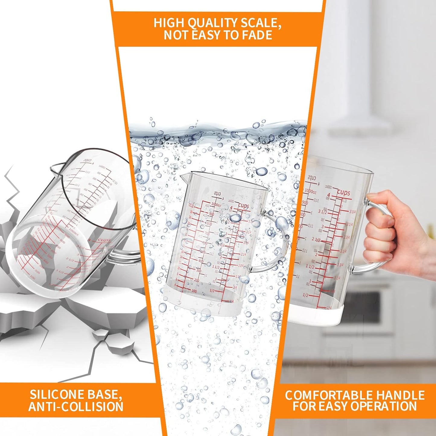 4 Cup Glass Measuring Cup with Handle, 77L High Borosilicate Glass Measuring Cup with V-Shaped and Three Scales (Cup, OZ, ML), Glass Liquid Beaker with Silicone Base, Double-Sided Measure Scales