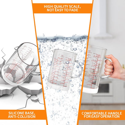 4 Cup Glass Measuring Cup with Handle, 77L High Borosilicate Glass Measuring Cup with V-Shaped and Three Scales (Cup, OZ, ML), Glass Liquid Beaker with Silicone Base, Double-Sided Measure Scales