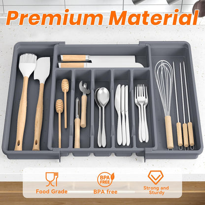 RoomHacks Large Silverware Organizer,Expandable Utensil Drawer Organizer,BPA Free Utensil Holder,Adjustable Silverware Tray Cutlery Drawer Organizer for Kitchen Flatware,Large,Black (6-8 Slots)