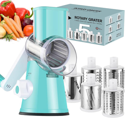 Ourokhome Rotary Cheese Grater Hand Crank, Kitchen Shredder Speed Mandolin Slicer Nut Grinder with Handle and Drum Blades for Cheese, Vegetable, Walnut, Chocolate, Potato, Carrot, 3 Blades, Dark Blue