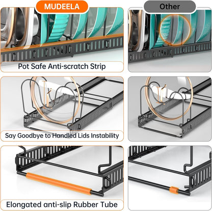 MUDEELA Pots and Pans Organizer Rack for under Cabinet, Expandable 11.81''-22.85'' Pot Lid Kitchen Cabinet Organizer Holder with 10 Adjustable Compartment Cutting Board Organizer for Pan Lid, Bakeware