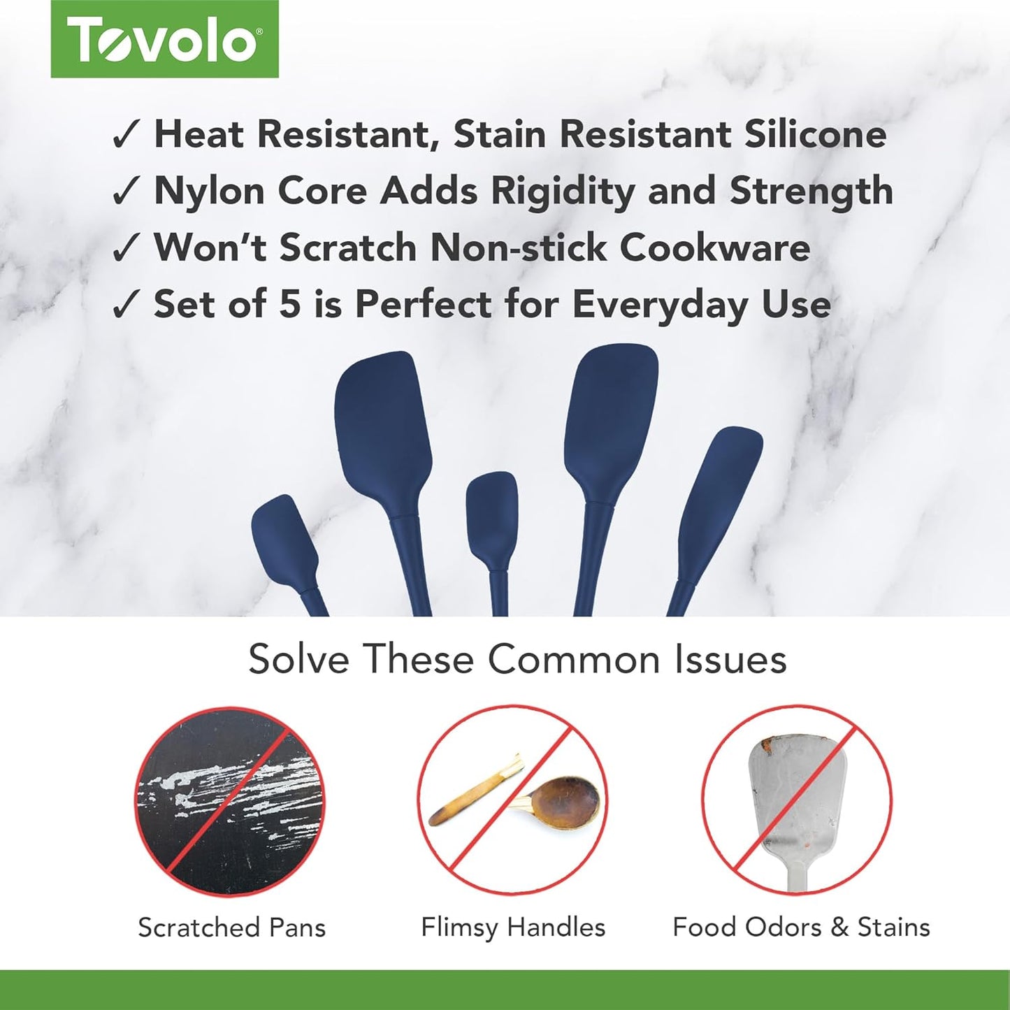Tovolo Stainless Steel Handled Silicone Spatula Set of 5 White, Dishwasher Safe Kitchen Spatula Set for Cooking Baking, Non Toxic BPA Free Silicone Spatula set with Metal Steel Handle