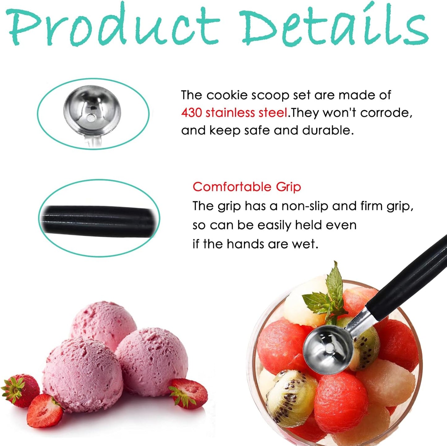 4 Pack Double Ended Headed Fruit Icecream Ball Spoon,430 Stainless Steel Melon Baller,Smooth Round Melon Balls Melon Scoop for Watermelon/Ice Cream/Fruits/Sorbet/Meatball