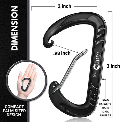 Rhino Produxs 12kN (2697 lbs) Heavy Duty Carabiner Clips, for Securing Pets, Outdoor, Camping, Hiking, Hammock, Dog Leash Harness, Keychains