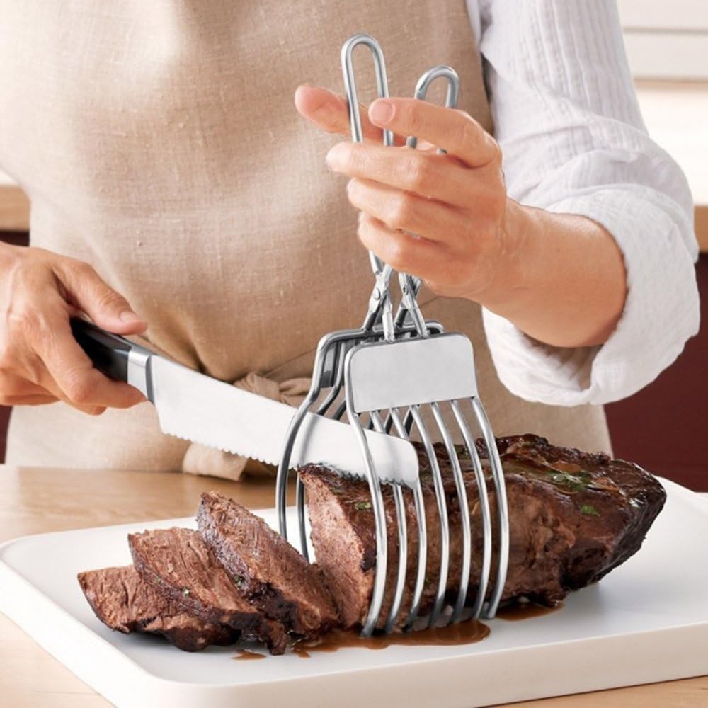Stainless Steel Roast Beef Cutting Tongs Meat Bread Slicing Tong Onion Tomato Holder For Slicing Vegetable Fruits Cutting Kitchen Aid