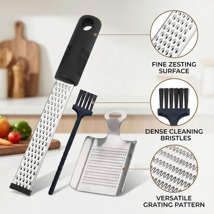 3-Piece Stainless Steel Grater Tools with Small Brush and Mini Grater,Ginger Grater and Garlic Grater Set,12inch Long Grater for Kitchen Use, Multipurpose Grating and Shredding