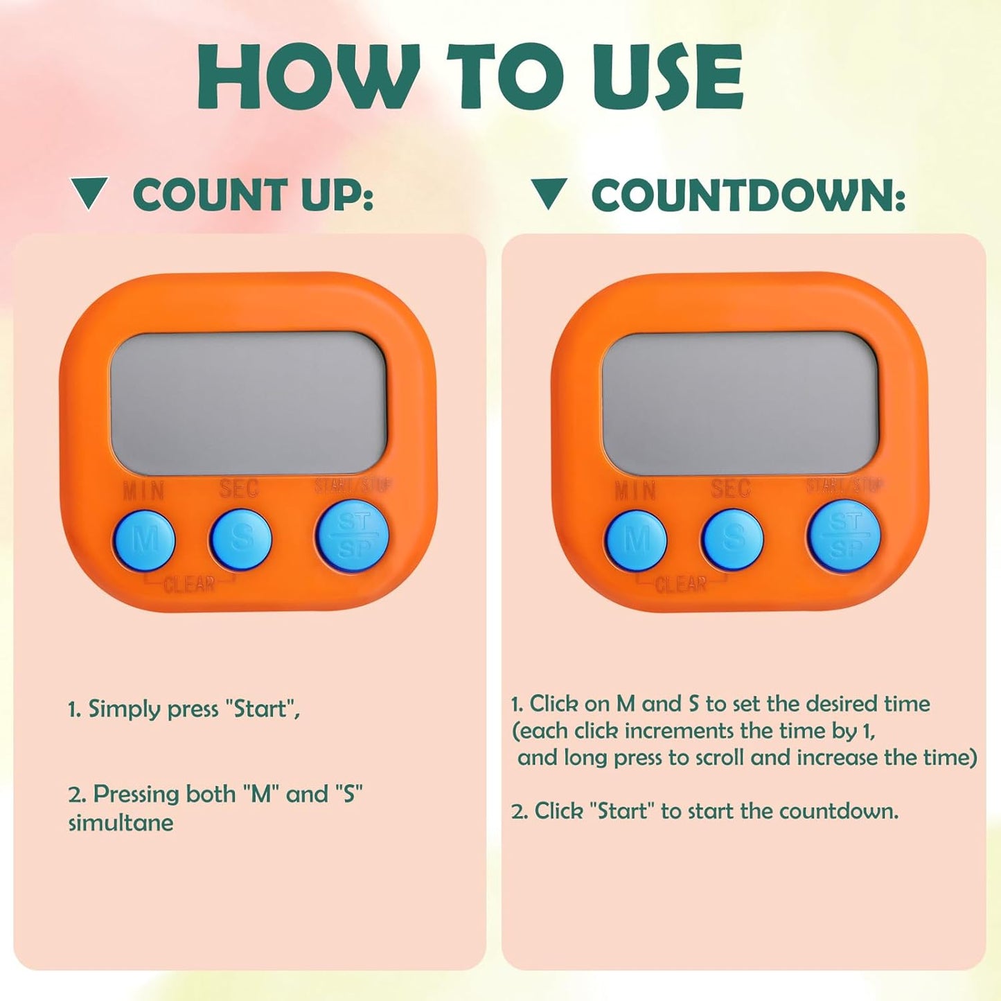GeeRic Kitchen Timers 4 Pack, Electronic Timers with Loud Alarm for Cooking, Magnetic Digital Timers Big LCD Display Blue Green Pink White (No Battery Included)