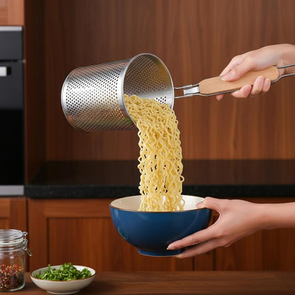 2 Pcs Pasta Strainer Basket, 5"x4.5" Stainless Steel Noodle Strainer with Wood Handle Kitchen Mesh Spider Strainers for Straining Pasta Noodles Dumpling