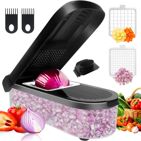 LHS Vegetable Chopper Multifunctional Food Chopper Onion Chopper Vegetable Slicer Dicer Cutter Potato Cutter Veggie Chopper with Container with Spiralizer (12 in 1, Black)