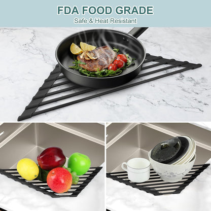 MERRYBOX Roll Up Over The Sink Dish Drying Rack Silicone Wrapped Foldable, Heat-Resistant, Anti-Slip Sink Rack Multipurpose Dish Drainer for Kitchen Sink Counter - White, 17.5" x 11"