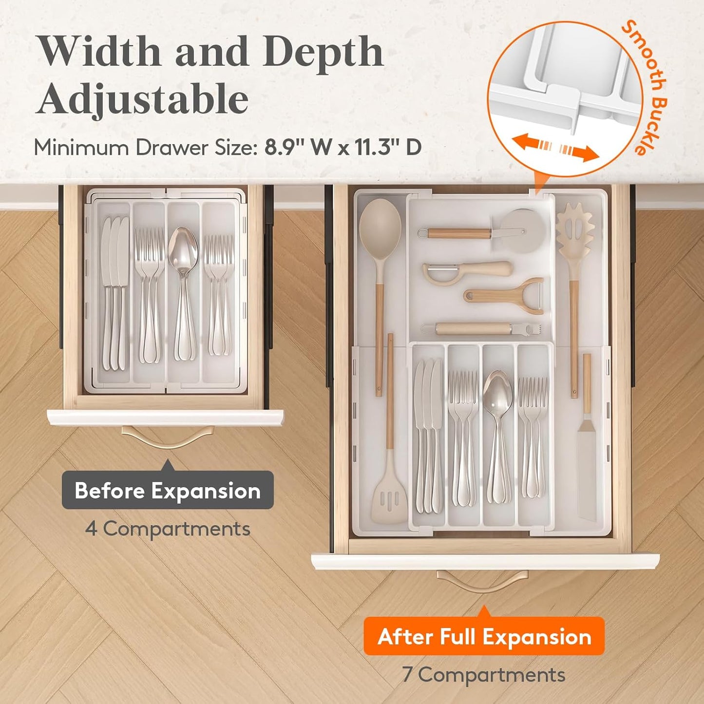 Lifewit Silverware Drawer Organizer, Expandable Utensil Tray for Kitchen, BPA Free Flatware and Cutlery Holder, Adjustable Plastic Storage for Spoons Forks Knives, 4-7 Slots, Black