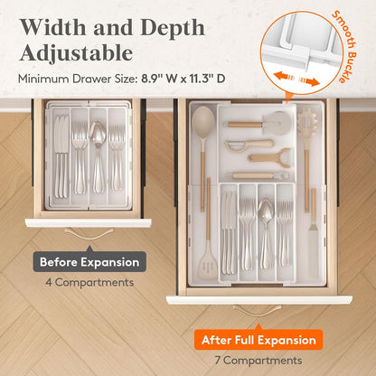 Lifewit Silverware Drawer Organizer, Expandable Utensil Tray for Kitchen, BPA Free Flatware and Cutlery Holder, Adjustable Plastic Storage for Spoons Forks Knives, 4-7 Slots, Black