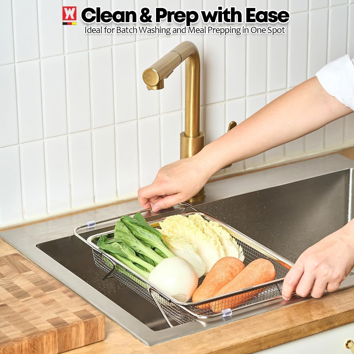 WAGENSTEIGER Extendable Dish Rack with Feet, Vegetable Colander Basket, Stainless Steel Dish or Silverware Drying Rack, Ultimate Kitchen Organizer Over the Sink (12.40 x 5.12 x 2.36 Inches)