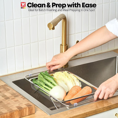 WAGENSTEIGER Extendable Dish Rack with Feet, Vegetable Colander Basket, Stainless Steel Dish or Silverware Drying Rack, Ultimate Kitchen Organizer Over the Sink (12.40 x 5.12 x 2.36 Inches)