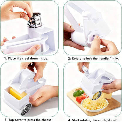 Rotary Cheese Grater, Handheld Cheese Grater with Fine & Coarse Drums for Cheese Nuts Chocolates and More, Stainless Steel & ABS, Dishwasher Safe, Includes Extra Handle