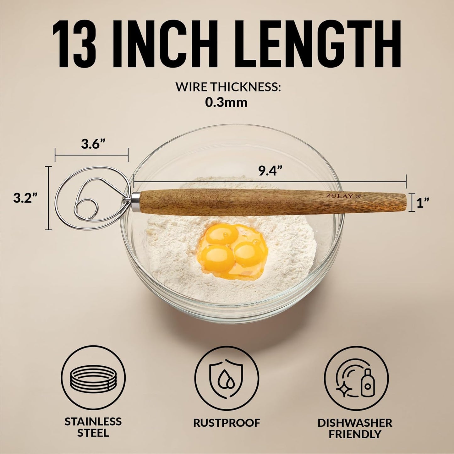 Zulay Kitchen 13-Inch Danish Dough Whisk - Stainless Steel Wooden Whisk with Dough Hook - Sourdough Whisk for Bread, Pizza, Pastry, Cake Batter & More - Wood