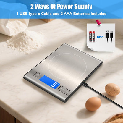 33lb Rechargeable Food Scale, Diyife 304 Stainless Steel Digital Kitchen Scale, 7.5 * 5.5 in Weight Grams and Ounces for Baking, Cooking, 5 Units with Tare Function, LCD Display, 2 AAA Batteries