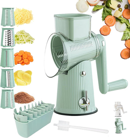 5-in-1 Rotary Cheese Grater Vegetable Slicer, 5 Interchangeable Blades Food Shredder with Anti-Slip Reinforced Suction Base, Kitchen Mandoline Chopper with Blade Storage Box (Green)