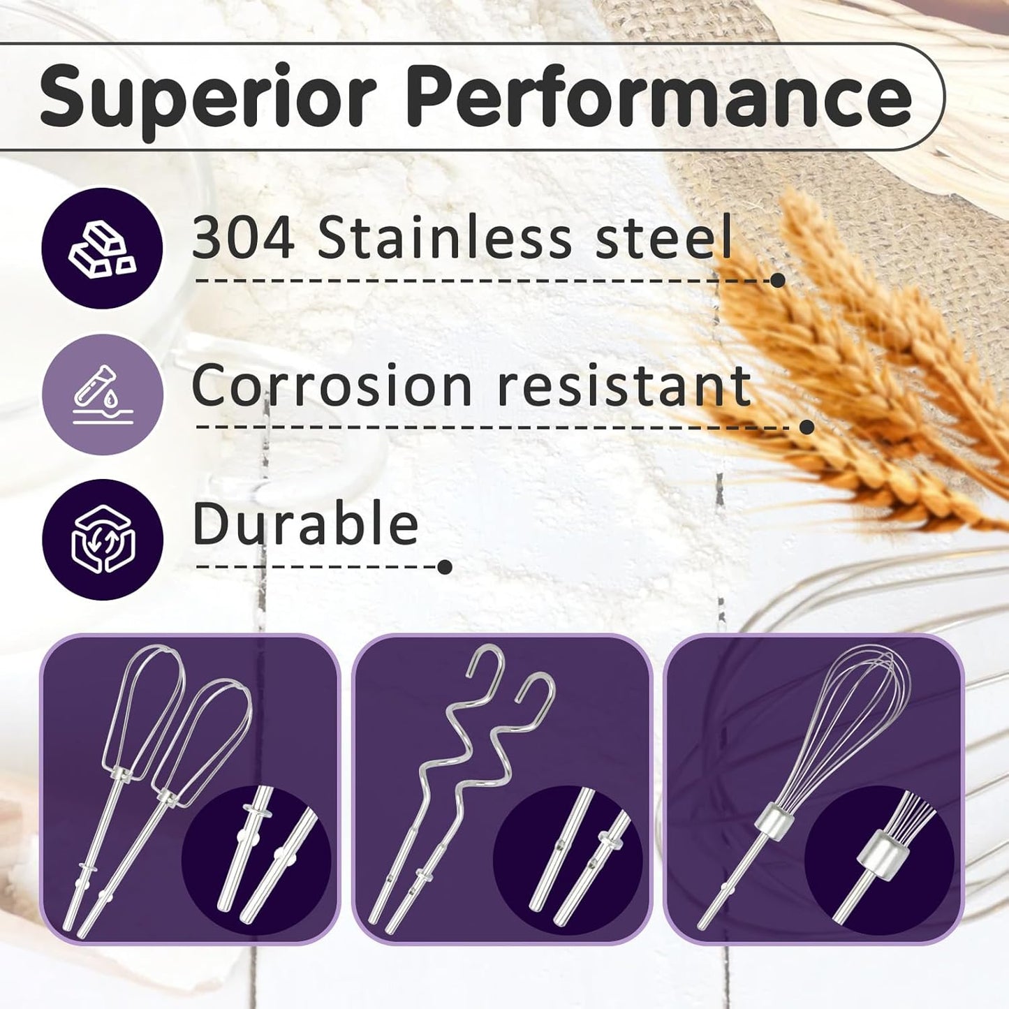 5 PCS Hand Mixer Attachments, Professional Hand Mixer Replacement Beaters, Whisk and Dough Hooks, Replacement Beaters Hand Mixer Compatible with KHM3 KHM5 KHM7 KHM9