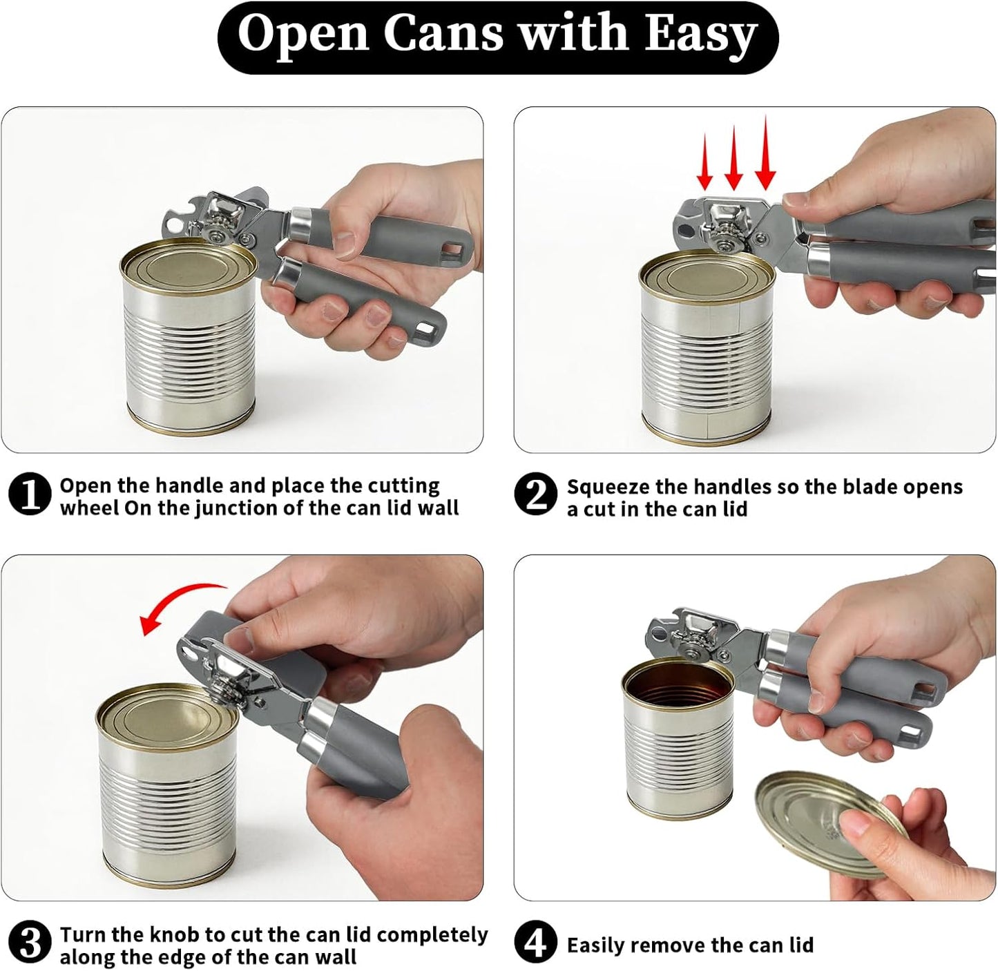 Can Opener Manual, Hand Heavy Duty Stainless Steel Bottle Opener Comfortable Handle, Sharp Blade Smooth Edge, Multifunctional Kitchen Tool, Black