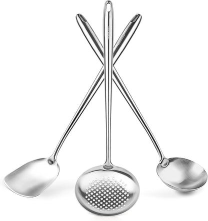 Yosukata 17" Wok Spatula and Ladle Skimmer Spoon - Stainless Steel Cooking Utensils Set of 3-304 Stainless Steel Kitchen Utensils Set - Dishwasher Safe Wok Accessories - Wok Utensils - Cooking Tools