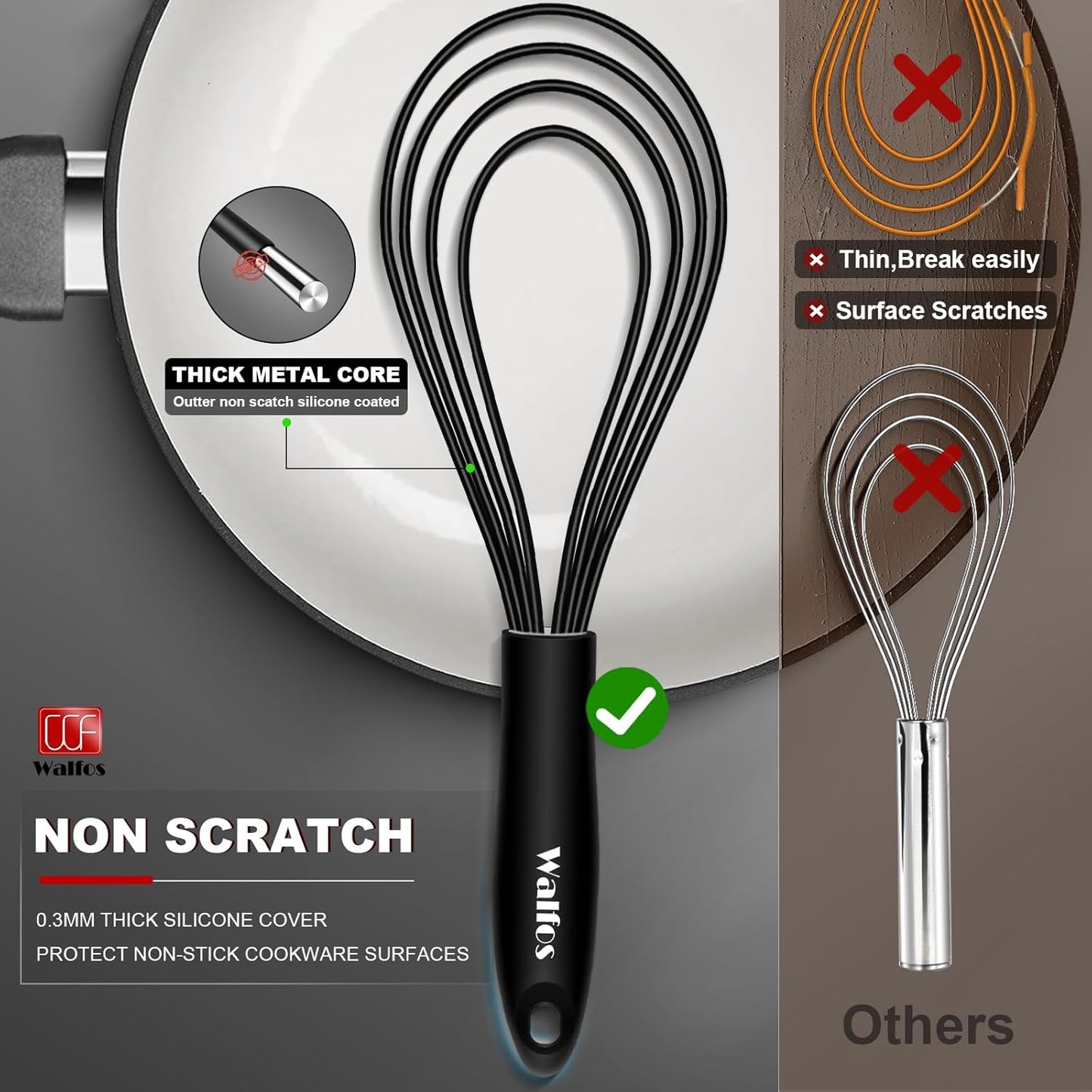 Walfos Whisk,304 Stainless Steel whisk,No-Rust 7+9+11inch Whisks for cooking Nice for Blending,Whisking,Beating.Heat resistant 600°F Dishwasher Safe. Heavy duty kitchen whisk.17.7+22.8+27.9cm -SILVER