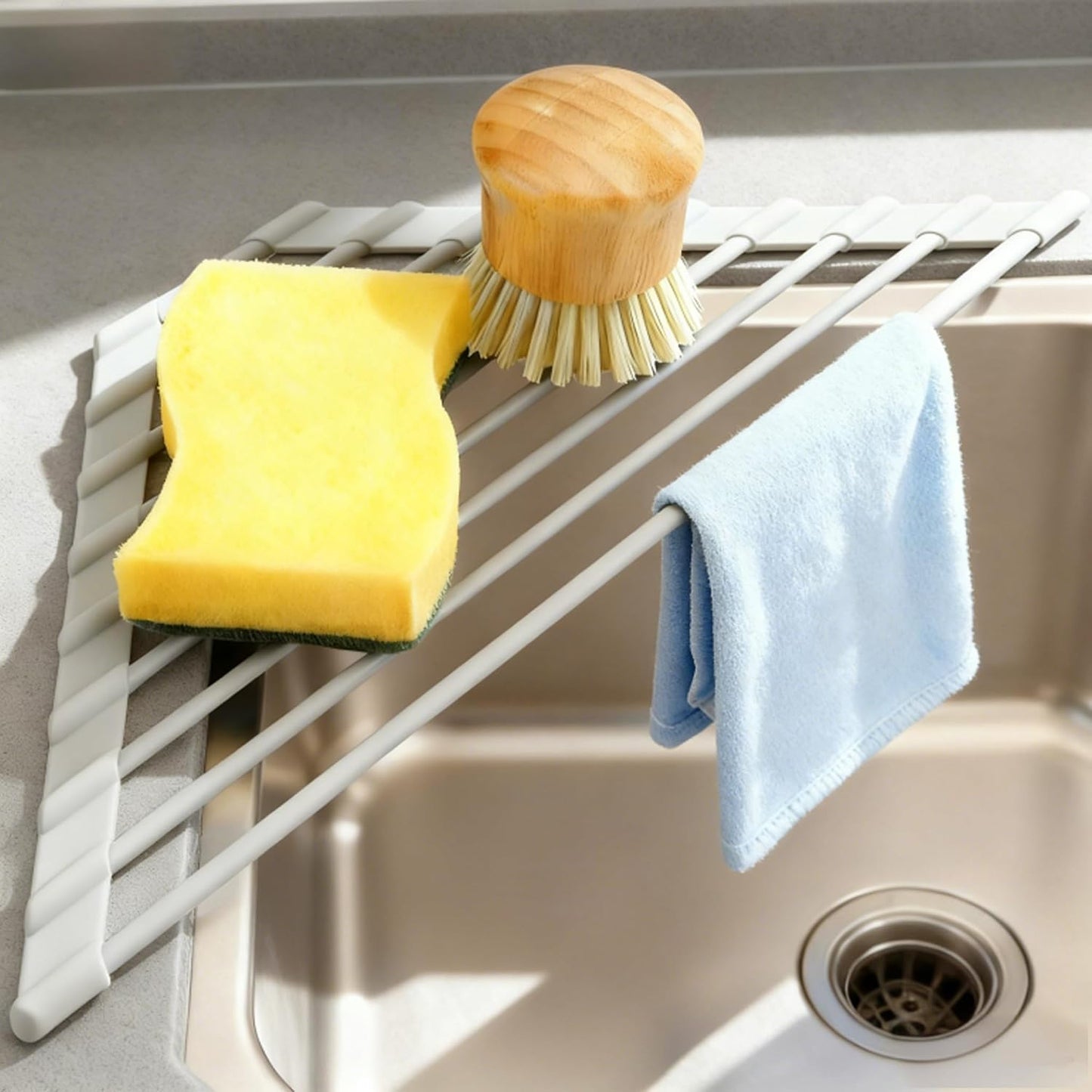 MERRYBOX Roll Up Over The Sink Dish Drying Rack Silicone Wrapped Foldable, Heat-Resistant, Anti-Slip Sink Rack Multipurpose Dish Drainer for Kitchen Sink Counter - White, 17.5" x 11"