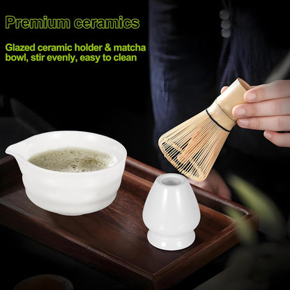 Matcha Whisk Set, Matcha Bowl with Spout, 18oz Ceramic Matcha Tea Bowl (Chawan), Bamboo Matcha Whisk & Spoon, Chasen Holder, Sifter, Japanese Ceremony Matcha Powder Kit, Gift for Women