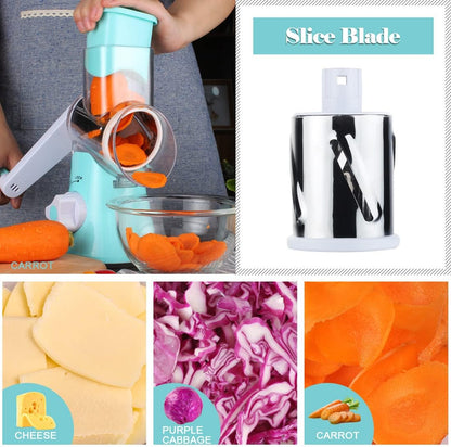 Ourokhome Rotary Cheese Grater Hand Crank, Kitchen Shredder Speed Mandolin Slicer Nut Grinder with Handle and Drum Blades for Cheese, Vegetable, Walnut, Chocolate, Potato, Carrot, 3 Blades, Dark Blue