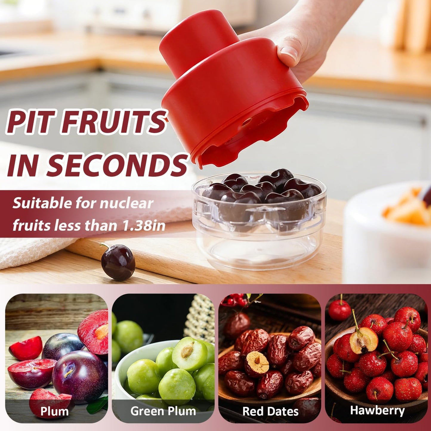 7-IN-1 Large Cherry Pitter Tool - Portable Cherry Corer Pitter With Ergonomic Push Design - Easy to Use for Making Cherry Jam - Pit 7 Cherries at Once, Saving Time & Effort - Red