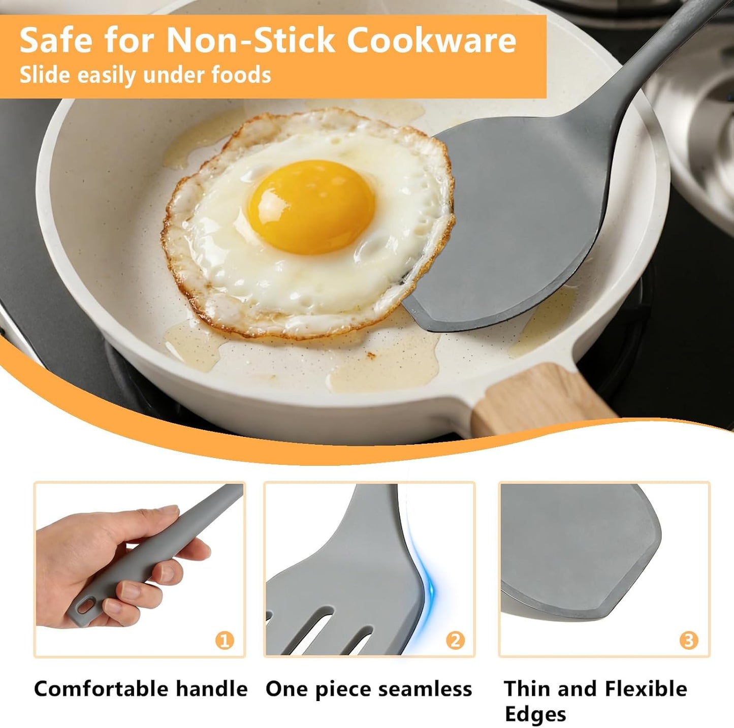 Silicone Spatula Turner Set, 600°F High Heat Resistant Spatulas for Cooking, BPA Free, Large Flexible Kitchen Utensils Flipping Eggs, Pancakes, Fish, Burgers, Dishwasher Safe (4 Pack, Black)