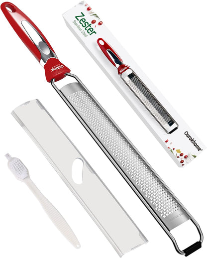 Ourokhome Kitchen Lemon Zester, Stainless Steel Hand Held Parmesan Cheese Grater for Ginger, Chocolate, Coconut, Lime, Nutmeg, Citrus, Fruit, Vegetable with Cleaning Brush, Dishwasher safe, Blue