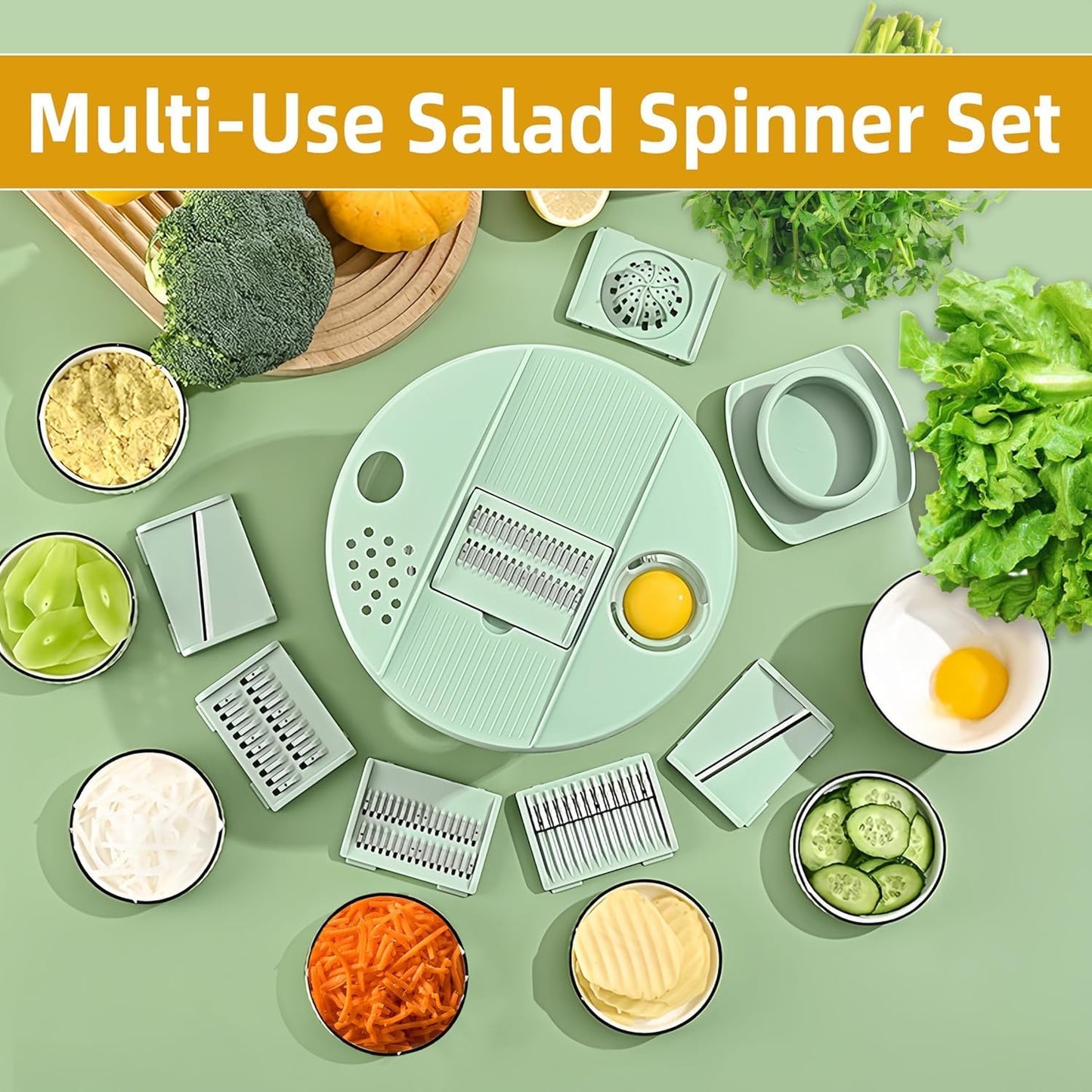 Large Capacity Multi-Function Salad Spinner with Quick Stop Button, Salad Spinner Stainless Steel, Salad Spinner Large, with 5 Blade Slicer Egg Yolk Strainer Shredder (Green)