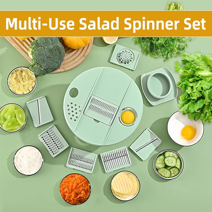 Large Capacity Multi-Function Salad Spinner with Quick Stop Button, Salad Spinner Stainless Steel, Salad Spinner Large, with 5 Blade Slicer Egg Yolk Strainer Shredder (Green)