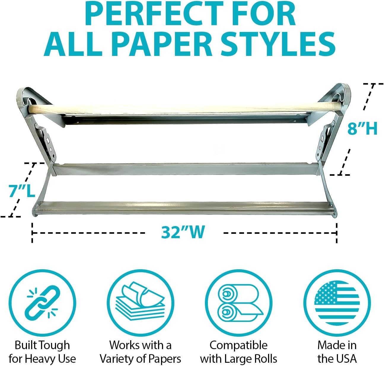 30" Roll Paper Dispenser with Cutter - Wall Mount or Desktop Metal Straight Edge Cutter - Fits Craft Paper Roll, Freezer, Wrapping, Butcher Papers, or Cling Film - Non-Sharp Edge, Grey