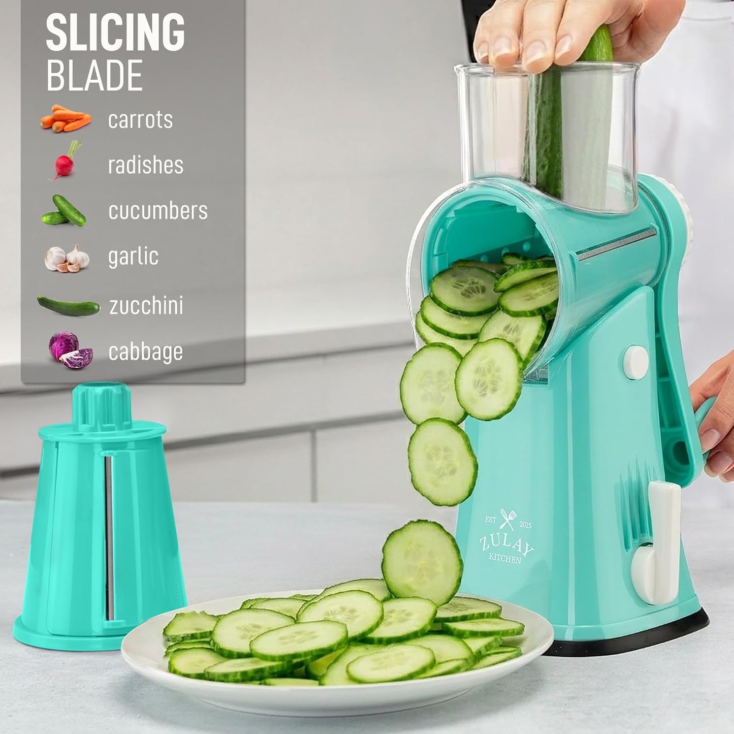 Zulay Kitchen Rotary Cheese Grater 5 Blade Cheese Shredder - Manual Hand Crank Cheese Grater With Reinforced Suction & 5 Interchangeable Drums - Easy to Use, Vegetable Chopper Round Mandoline Slicer - Colors A