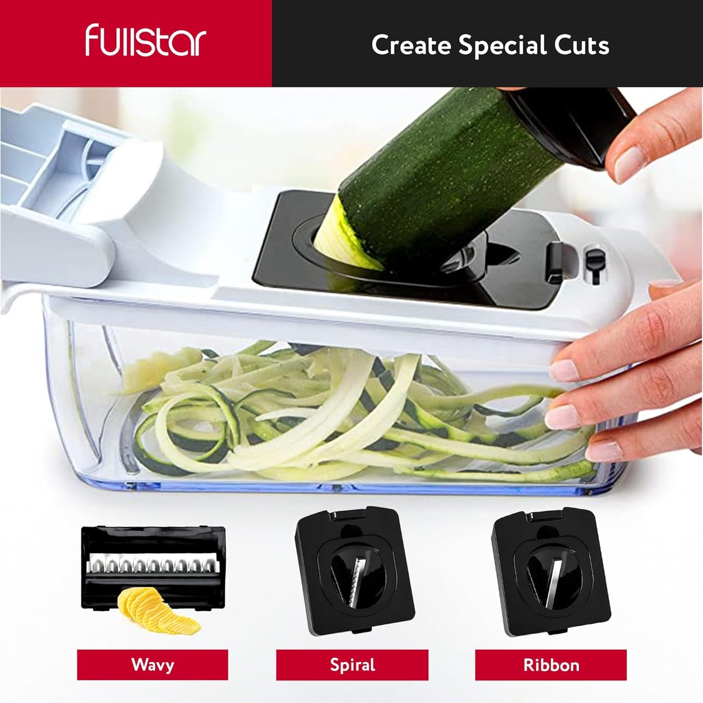 Fullstar Mandoline Slicer for Kitchen - Vegetable Chopper, Onion Potato Food Veggie Fruit Slicer and Cutter with Container, Kitchen Gadgets & Gifts, Home Essentials (6-in-1, White/Black)