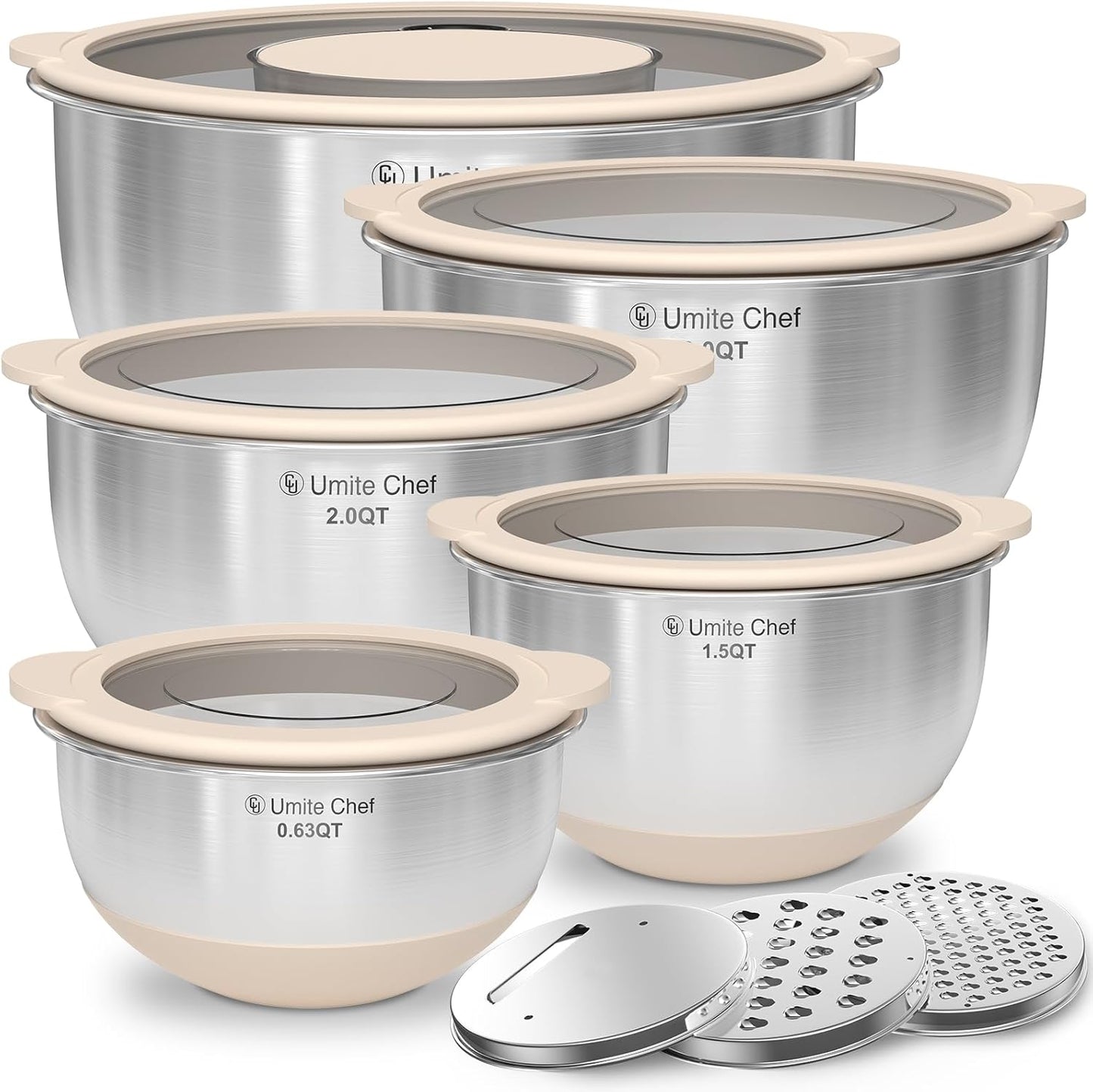 Mixing Bowls with Lids Set - Non-Slip, Airtight Warp-Proof TPR-AS Lids, Thicker Stainless Steel Bowls, Measurement Lines & 3 Graters, Prep Meal Bowl, Black Nesting Bowl for Kitchen, 5/3/2/1.5/0.63QT
