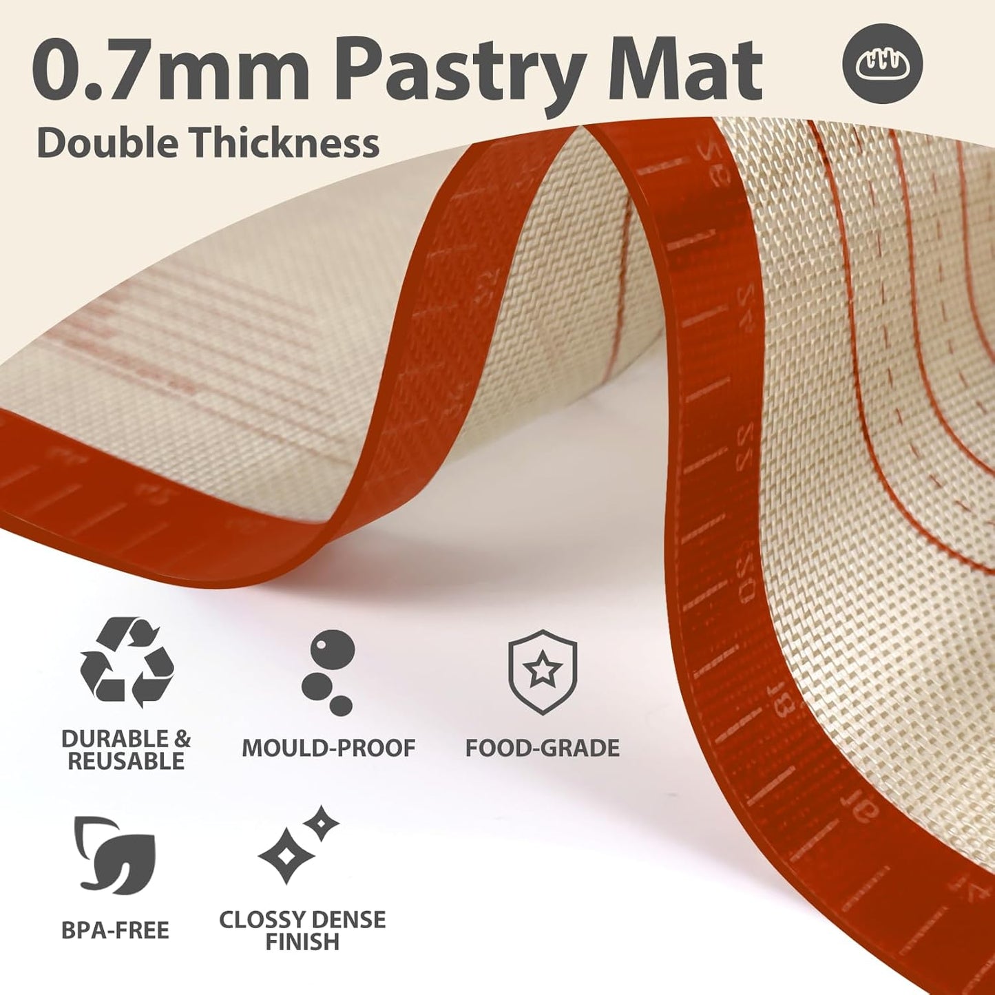 Premium Silicone Baking Mat, 24" x 16" Extra Thick Pastry Rolling & Sourdough Mat with Measurement Guides, Non-Stick Baking Supplies for Making Pizza, Pie, Cookies, and Bread at Home or Bakery