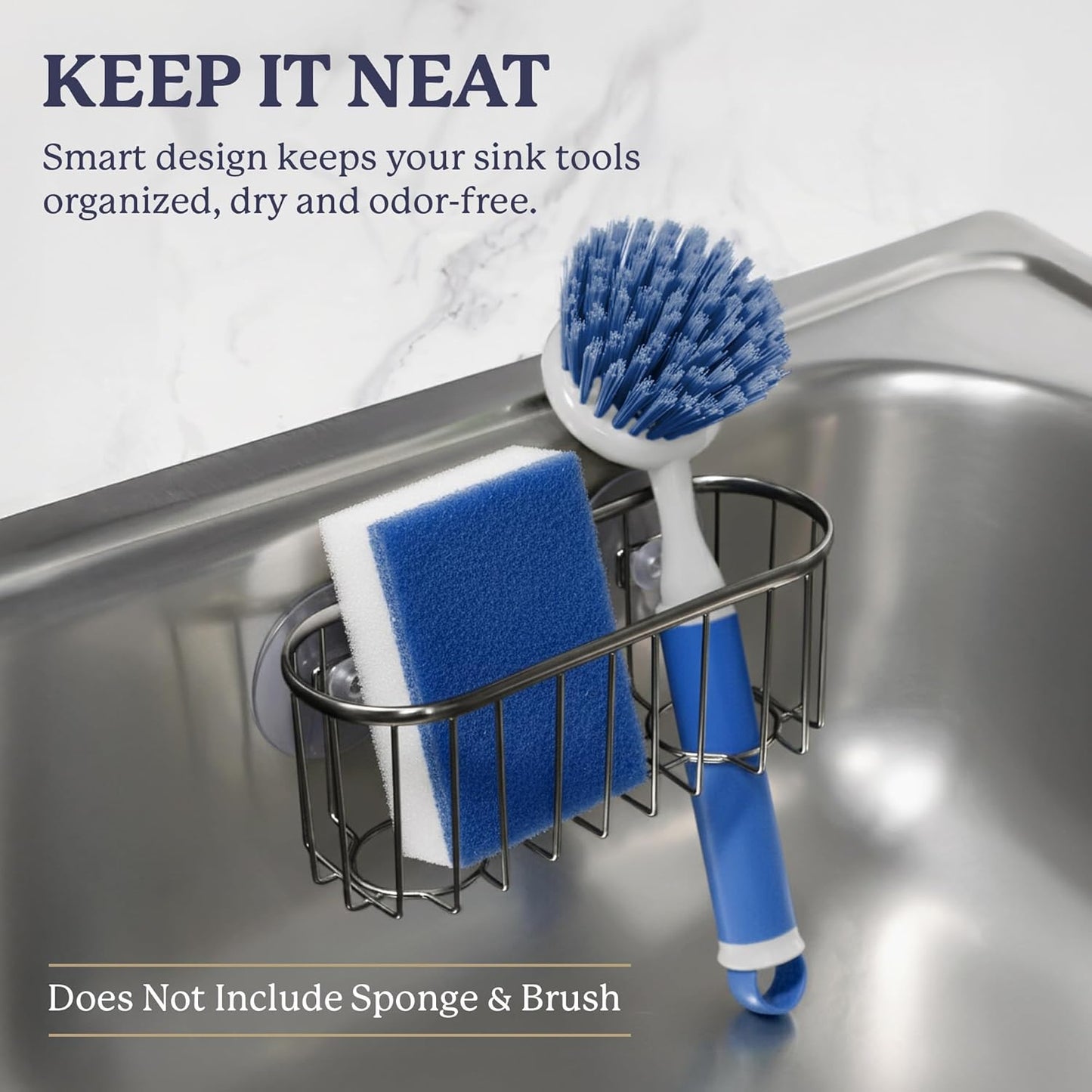Farberware Sponge Holder for Kitchen Sink—Brushed Metal Sink Caddy Organizer with Triple Suction Cups, Kitchen Organizer for Sponges, Brushes, Soap & Cleaning Essentials