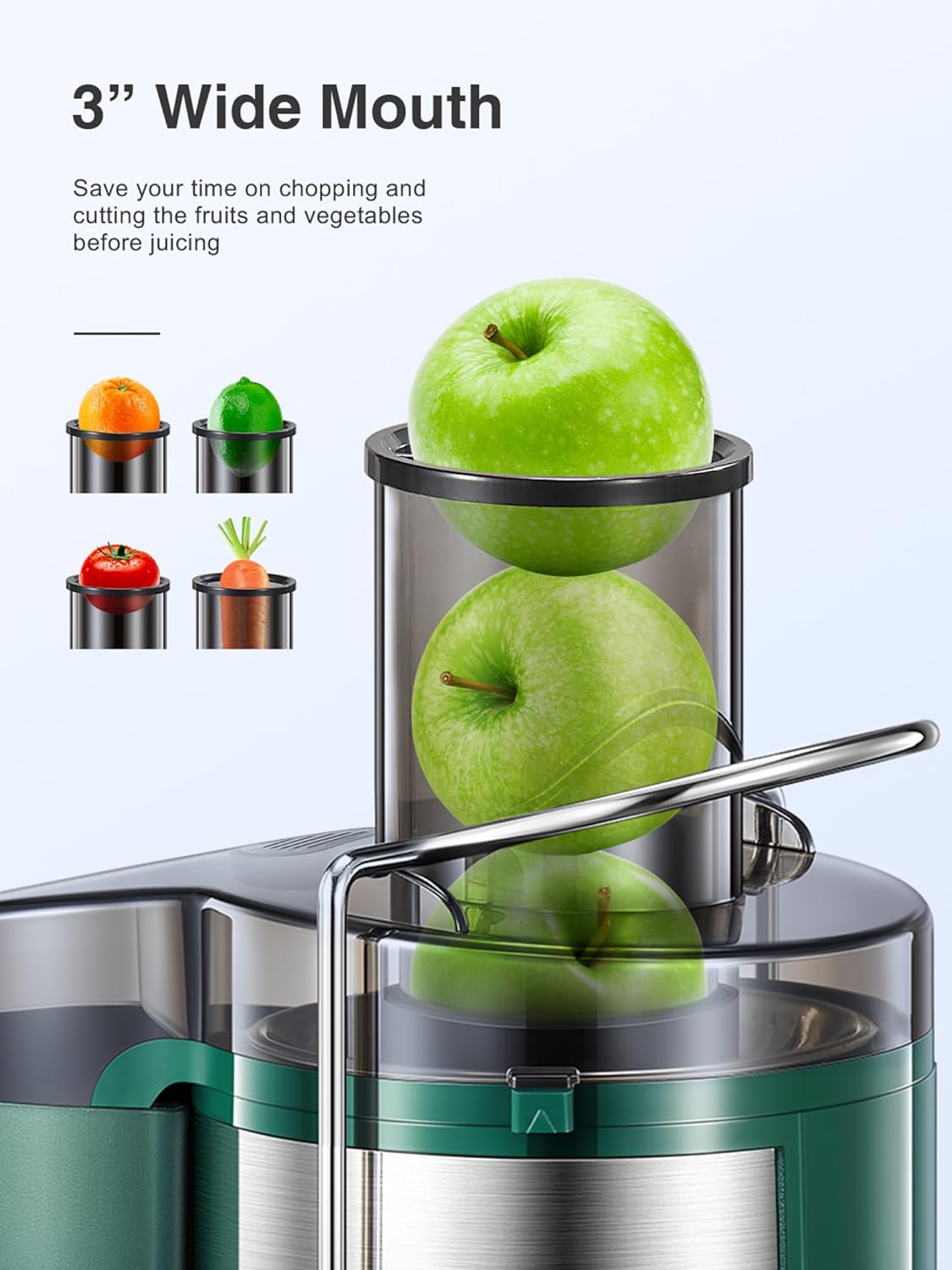 Qcen Juicer Machine, 500W Centrifugal Juicer Extractor with Wide Mouth 3” Feed Chute for Fruit Vegetable, Easy to Clean, Stainless Steel, BPA-free (Black)