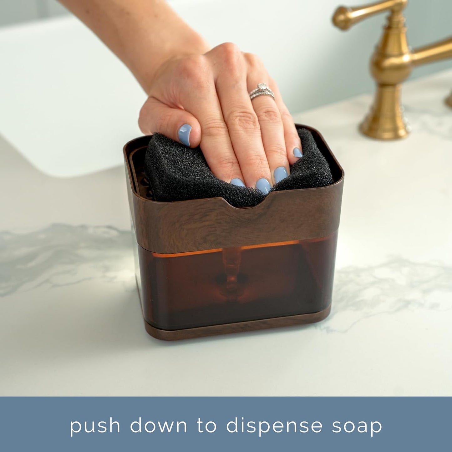 S&T INC. Dish Soap Dispenser and Sponge Holder for Kitchen Sink, Sponge Included, 13 Ounces, Metallic Silver